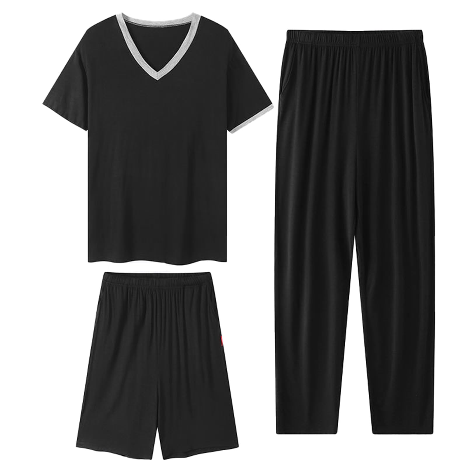RAFYZY Men's Modal Pajamas Set 3-Pcs V-Neck/Crew Neck Short-Sleeved Plus Size Loose fit Pjs Set L-6XL