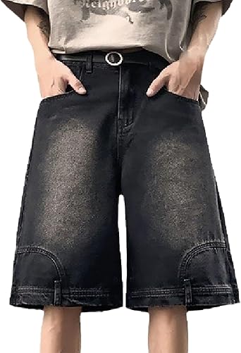 Mens Casual Denim Shorts Elastic Waist Drawstring Wide Leg Loose Fit Blue Color Rolled Hem Washed Summer Shorts