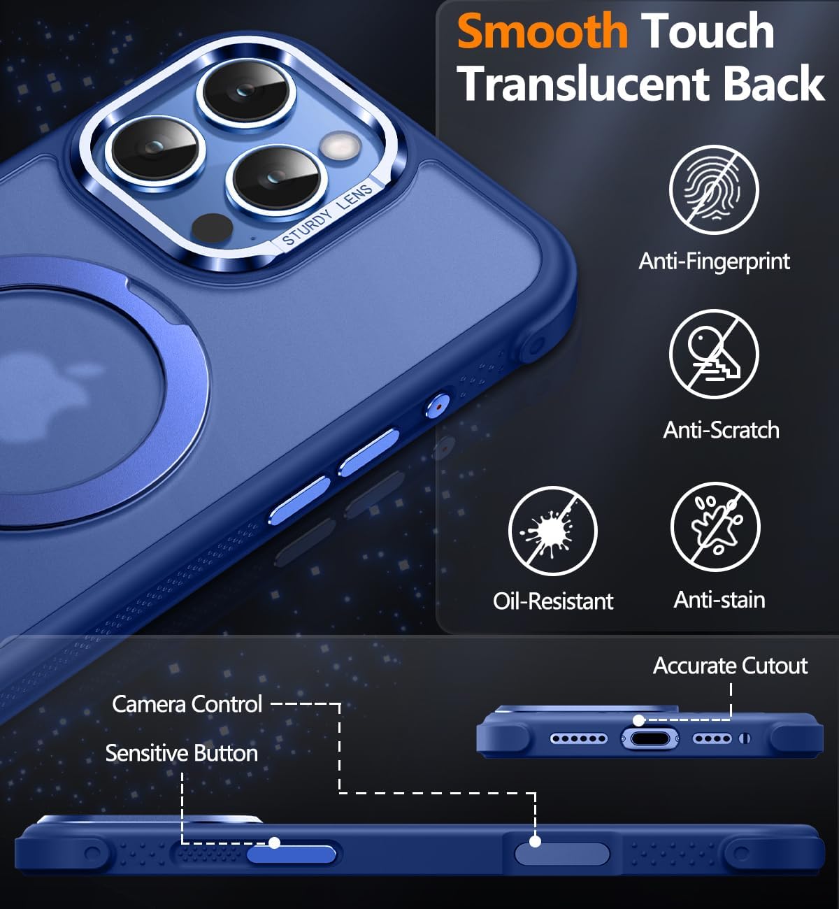 Reukdnv [Invisible 360° Spin Stand Magnetic Ring for iPhone 16 Pro Case [Compatible with MagSafe][Translucent Matte Back] Military Drop Protection Shockproof Cover with Kickstand 6.3", Deep Blue - Image 8