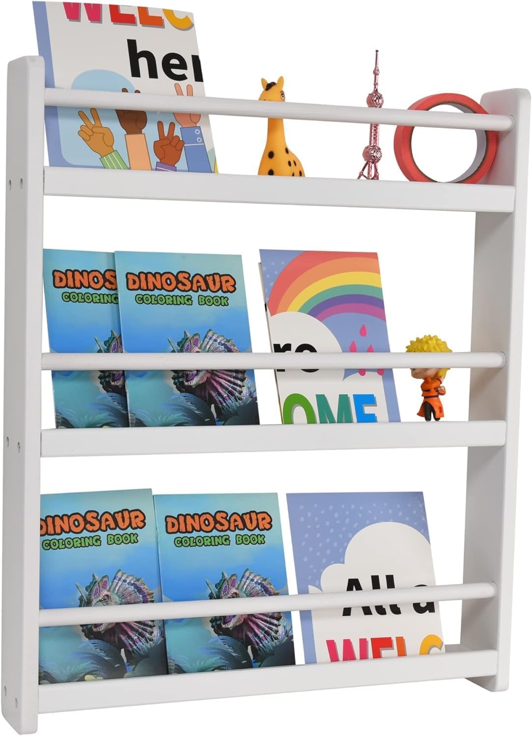 Childlike Behavior 3-Tier Wood Bookshelf Organizer for Kids - White, Wall Mount