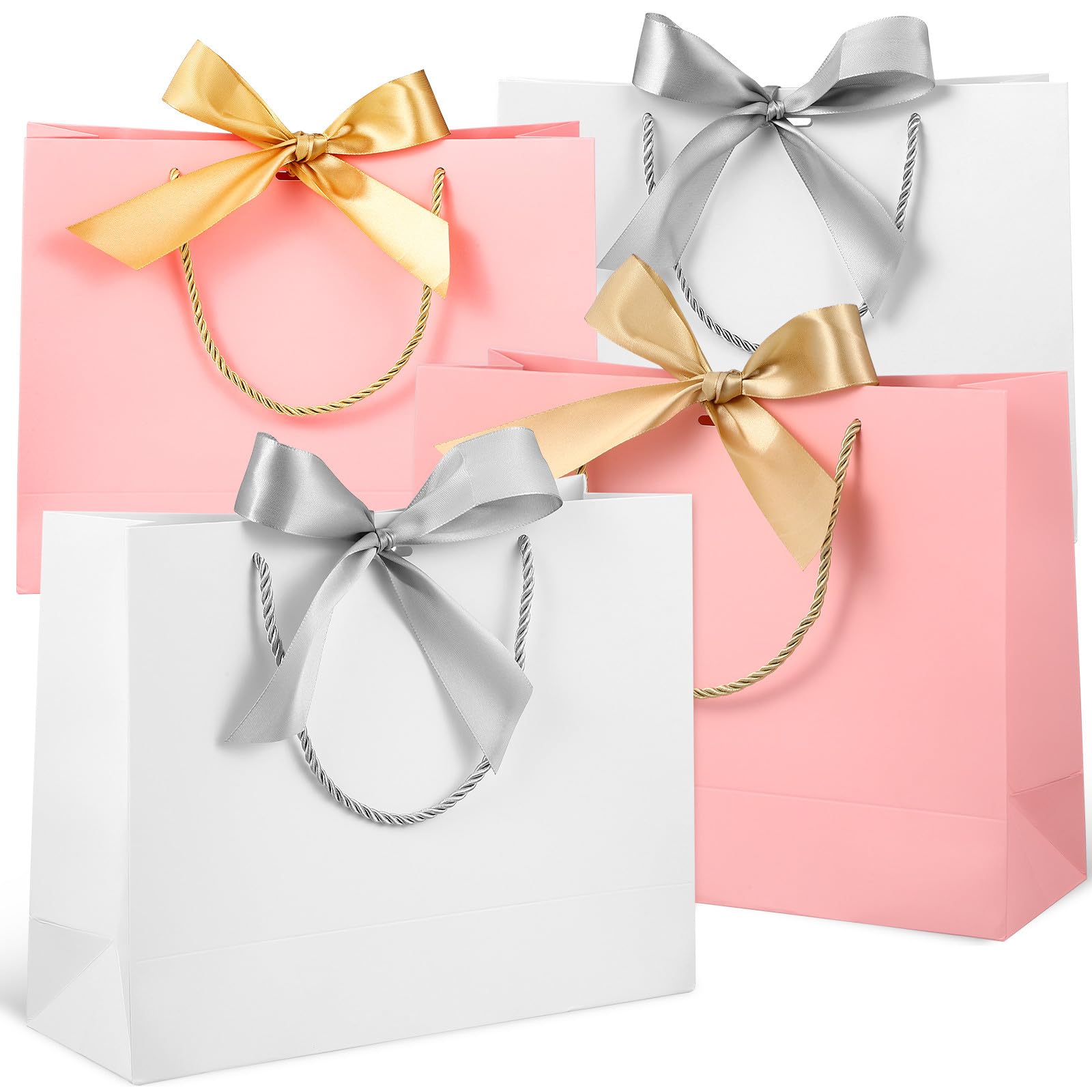 ERINGOGO 10 Bolsas de Obsequio de Papel Grandes 32x25x11 Cm, 5 de Color con Lazo Plateado y 5 Rosas con Lazo Dorado, Resistentes y Reciclables para Fiestas, Bodas y Embalaje Elegante