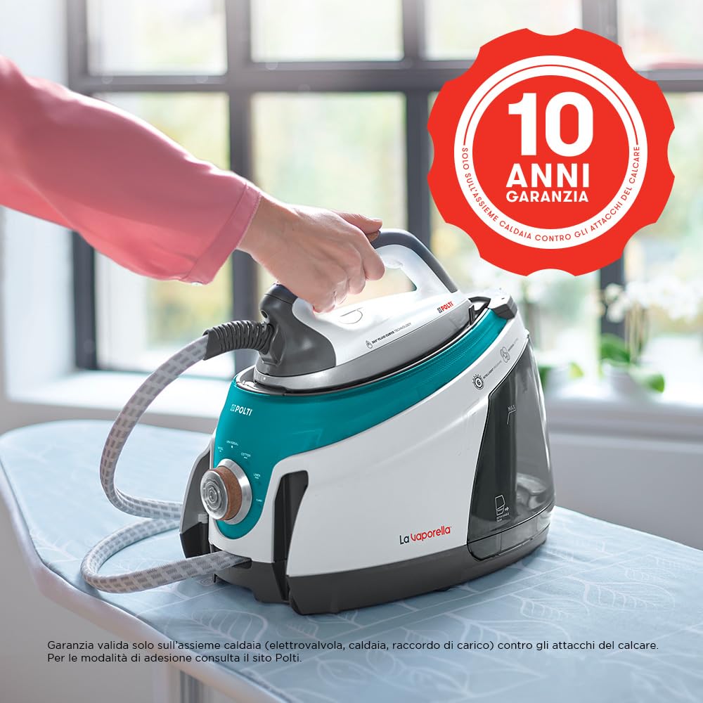 Polti La Vaporella XT100C, Ferro da Stiro a Vapore con Caldaia, Pressione 7,5 Bar, Autonomia Illimitata, Capacità 1,4 L, Potenza 2350 W, Steam Pulse 500g, Bianco e Turchese