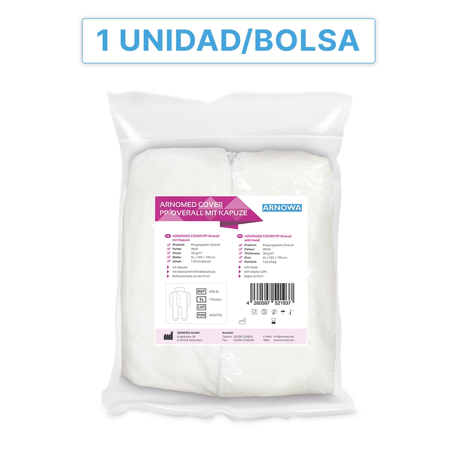ARNOMED mono de trabajo desechable blanco PP para hombre y mujer, 50x mono integral con capucha, overol de pintor y mecánico sin látex