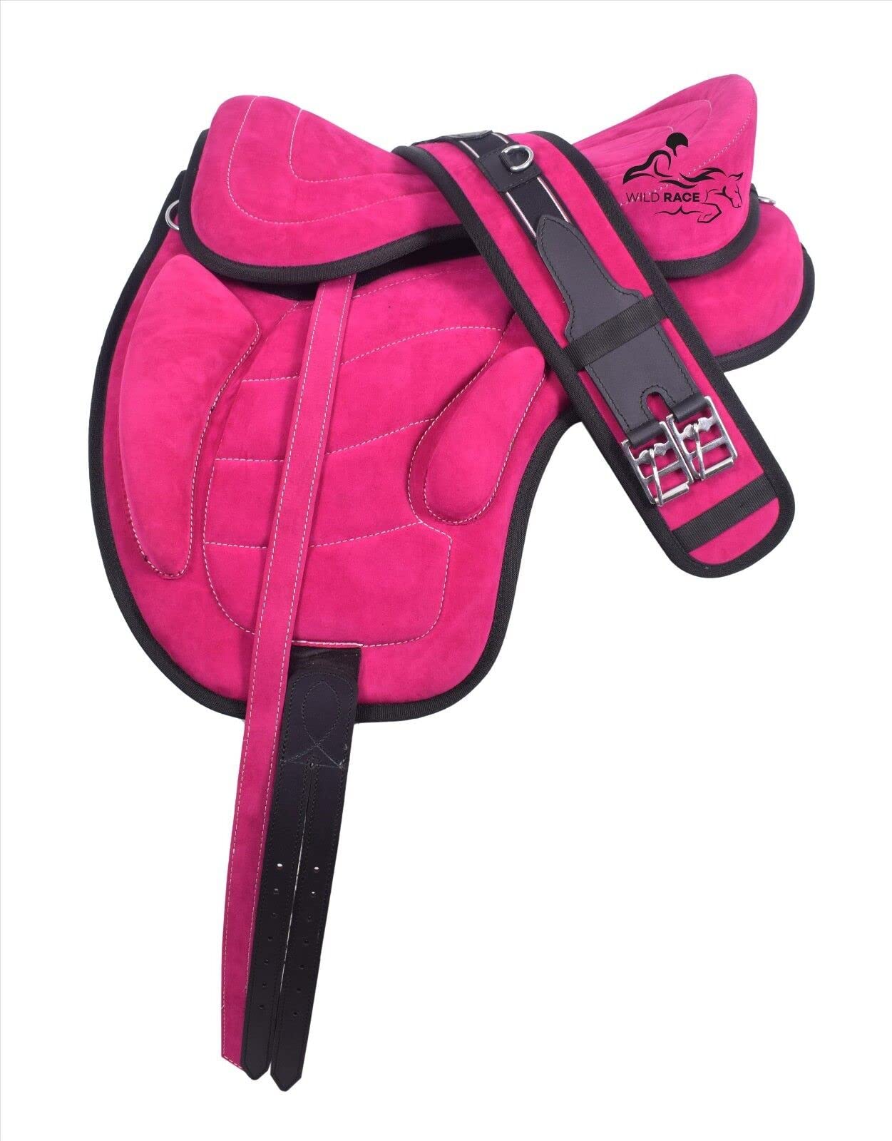 WILD RACE Treeless freemax fully suede saddles (Various Colour and Size) + Matching Girth (17", Pink)