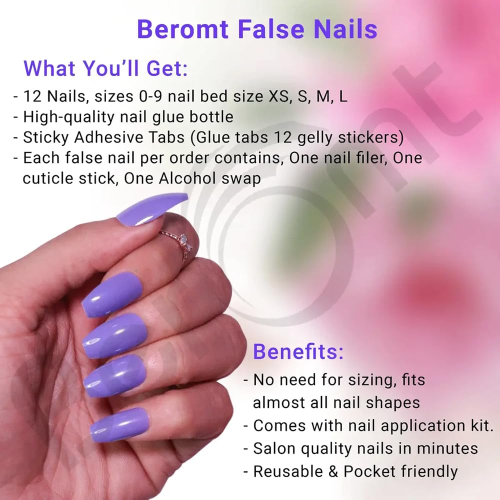 Beromt Set of 12 pcs Glossy finish nails False Nails Acrylic Full Fake Nails with 1 nail glue sticker sheet and Nail Art Kit - 338 2