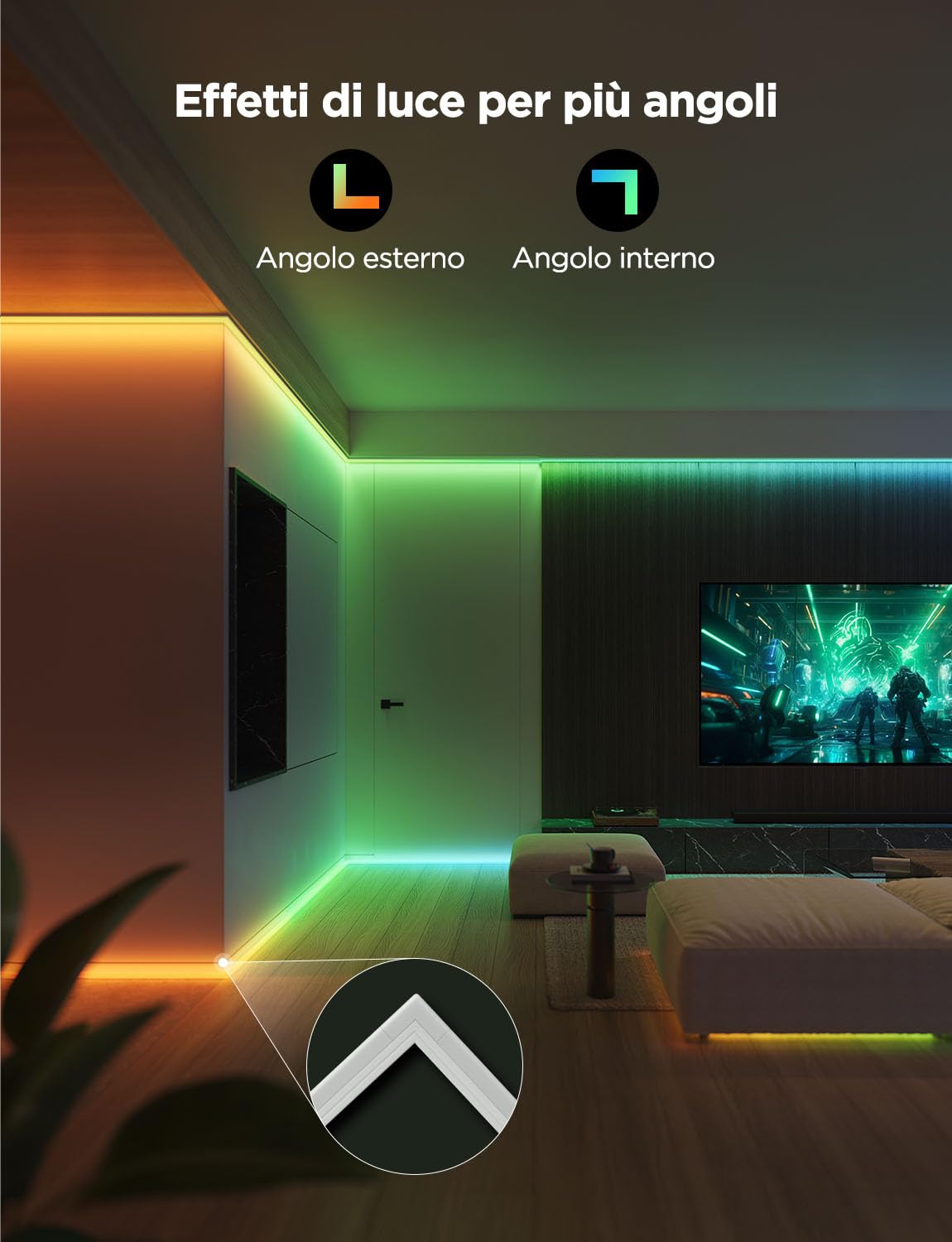 Govee RGBIC Striscia LED con Copertura, 5M LED Profilo con Luci Intelligenti Funzionano con Alexa e Google Assistant, Tagliabile e Collegabile, per Camera da Letto, Battiscopa, Studio, Mobiletto