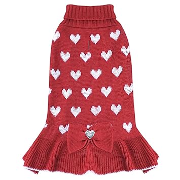 kyeese Dog Sweater Dress with Bowtie Red Heart Small Dog Sweater Turtleneck Dog Knitwear with Leash Hole