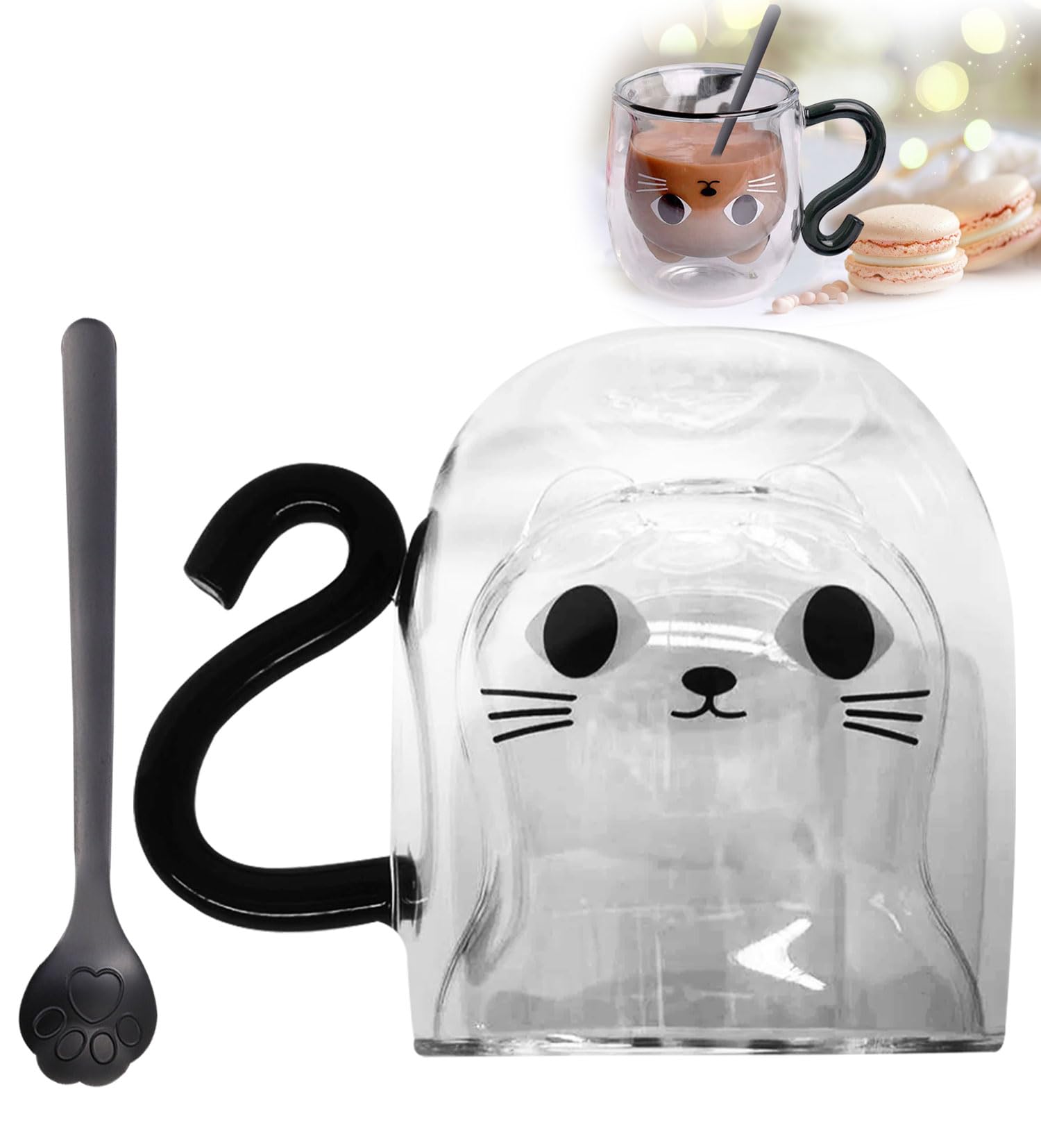 O³ Taza de gato negro, taza de café doble pared 250 ml, taza para infusión, té, Latte Macchiato, capuchino, regalos de Navidad, San Valentín, cumpleaños mujer, hombre, mamá, amiga (negro)