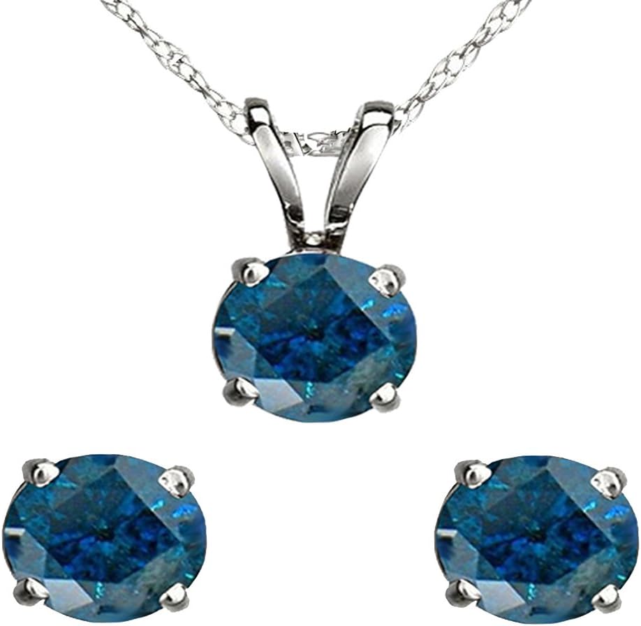 Dazzlingrock Collection Round Blue Natural Diamond Ladies Stud Earring & Pendant Set