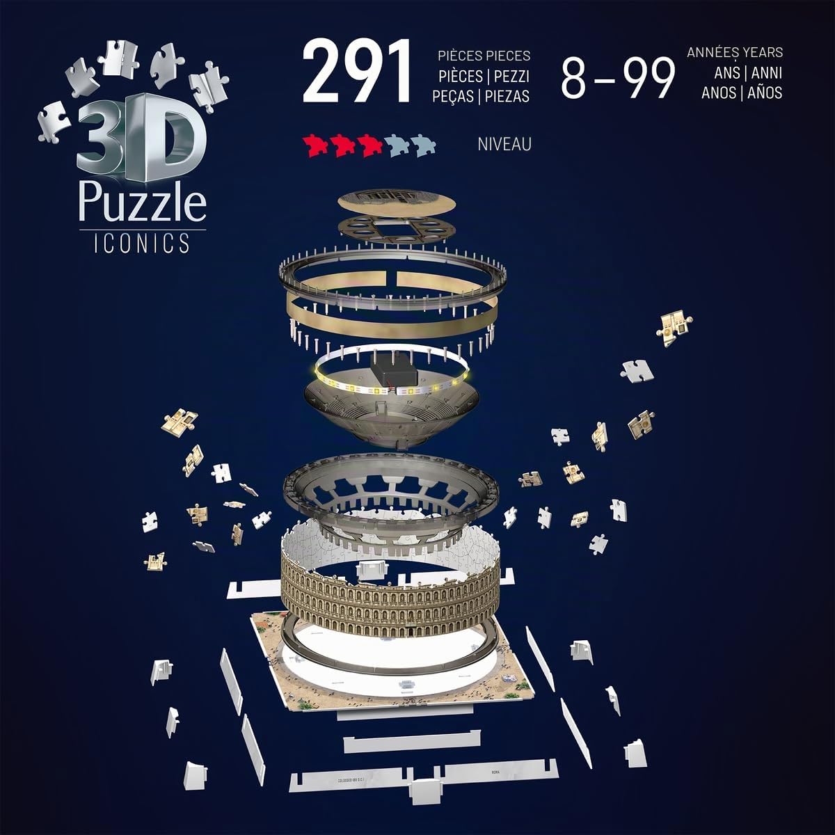 Ravensburger - Puzzle 3D Colisée Lumineux - Monument à Construire sans Colle - 216 Pièces - Socle LED Multicolore - Dès 10 Ans - Lampe Déco - 12008034