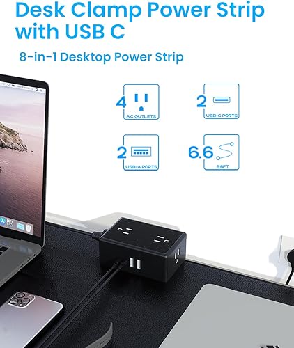 Miniatura 3 de PD20W - Regleta de alimentación con abrazadera de escritorio, protector de sobretensiones de montaje en escritorio, estación de carga rápida,