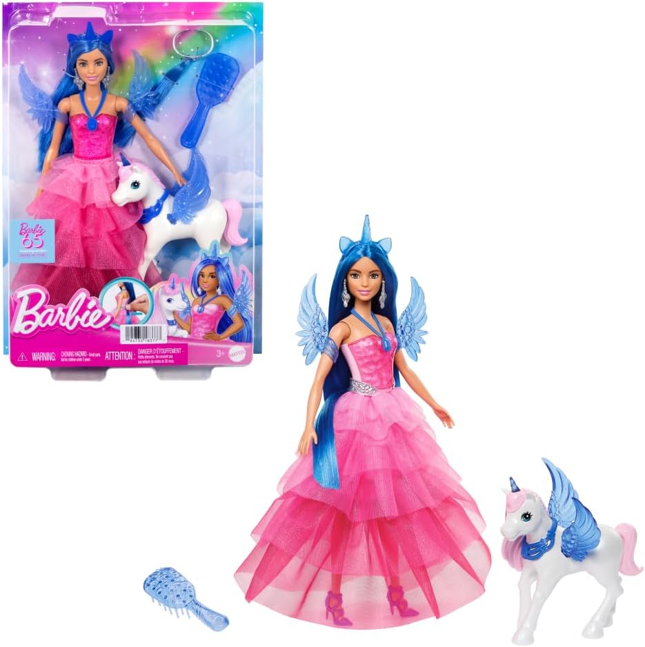 Barbie Unicorn Toy, 65th Anniversary Commemorative Doll with Blue Hair, Pink Gown and Accessories Like Sapphire Wings and Pet Alicorn, HRR16