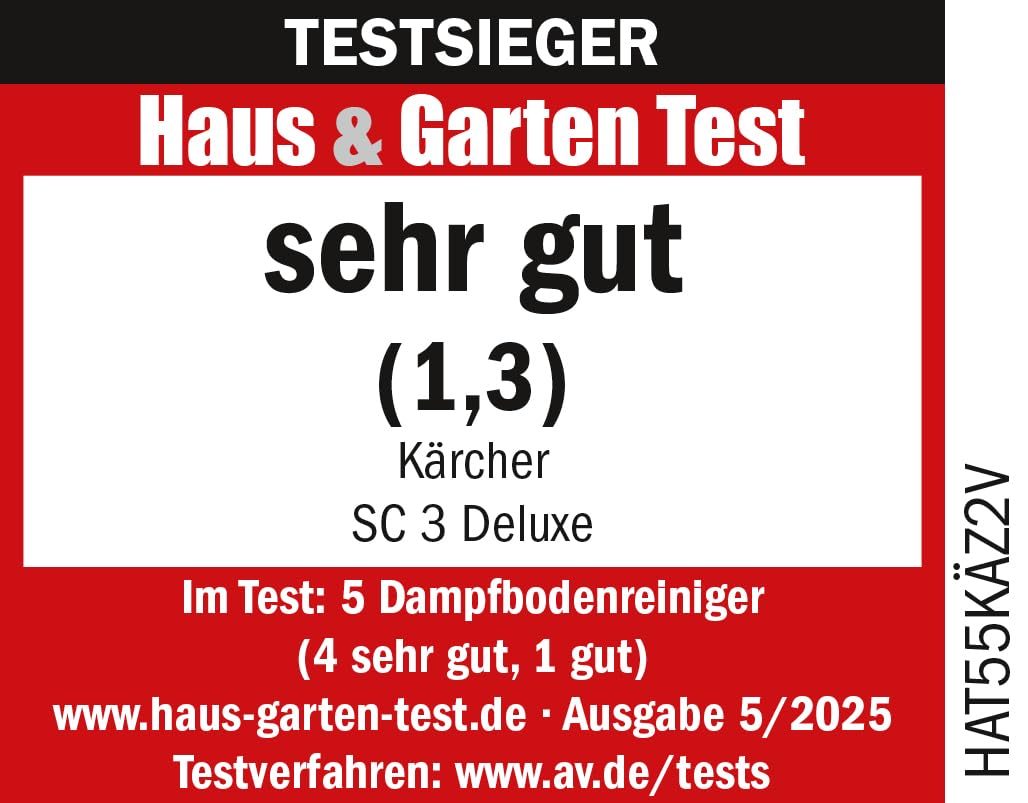 Kärcher Dampfreiniger SC 3 Deluxe, Dampfdruck: 3,5 bar, Aufheizzeit: 30 s, Leistung: 1.900 W, Flächenleistung: 75 m², Tank: 1 l, mit Bodenreinigungsset, Mikrofaser-Bezug, Düsen und Rundbürste, Weiß