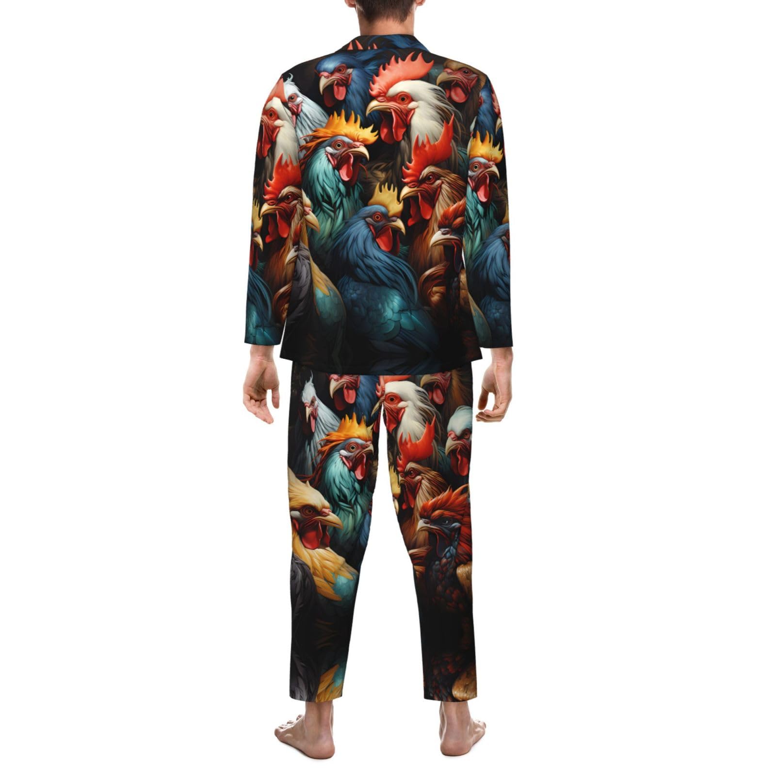 Galli colorati in piedi insieme Set pigiama a maniche lunghe morbido stampato da uomo, abbigliamento casual