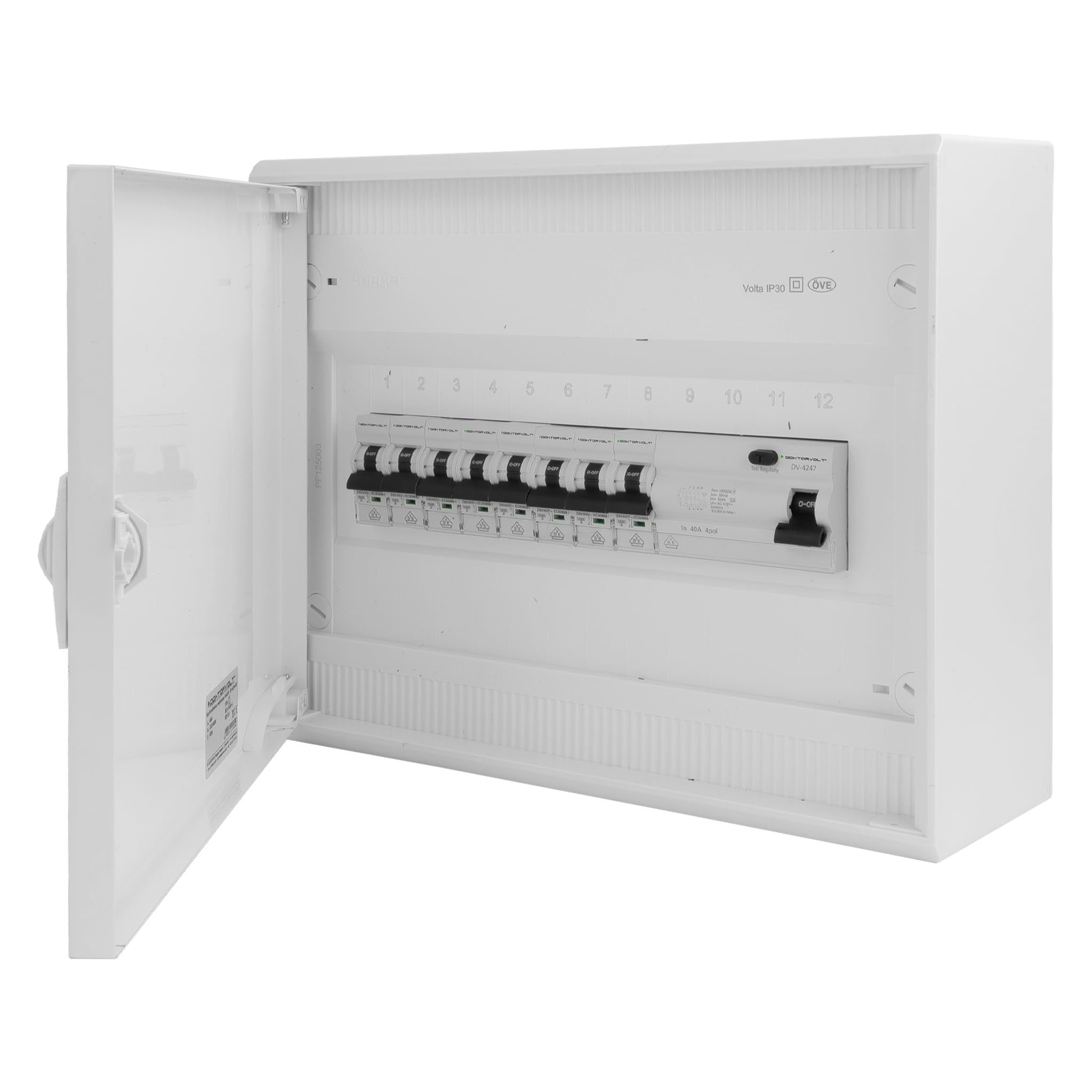 Doktorvolt Sicherungskasten Aufputz 1-reihig 12 Module – Verteilerkasten verdrahtet mit 8x MCB 1x RCCB VDE geprüft IP40 Hager Verteilerschrank 245x305x96,5 mm für Haus Garage und Werkstatt