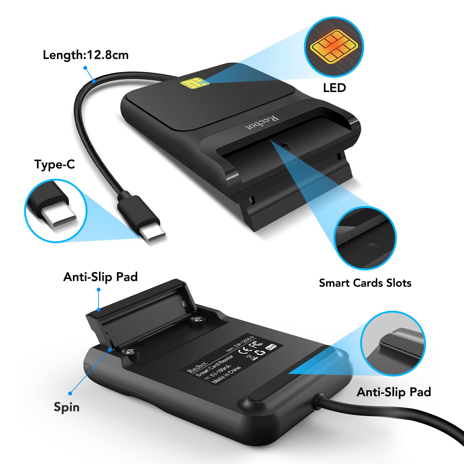Recbot Lector dnie Electronico, Lector dni Electrónico, Lector dni USB C Compatible con Windows