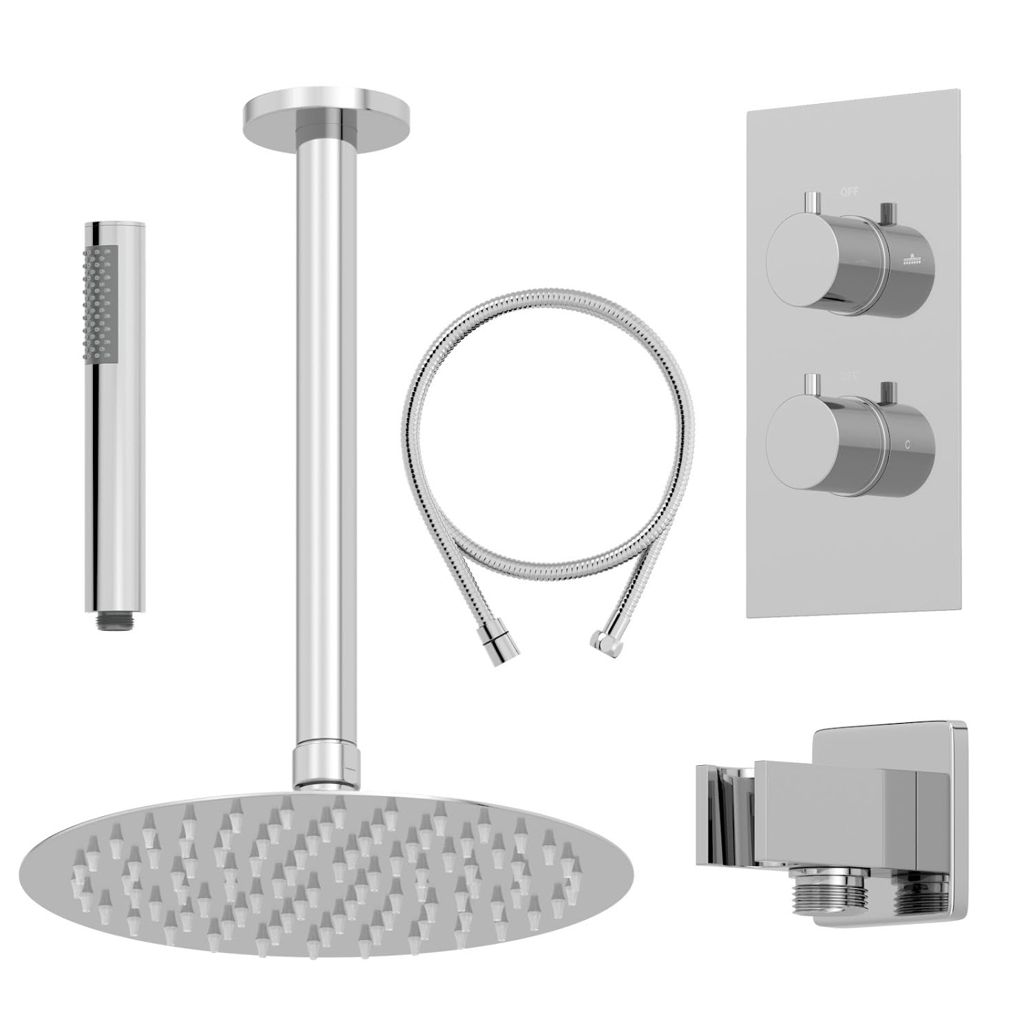 BAYSTONE® Bathroom Thermostatic Mixer Shower with Round Rainfall Drencher Head Handset & Concealed Valve Ceiling Mounted, Polished Chrome