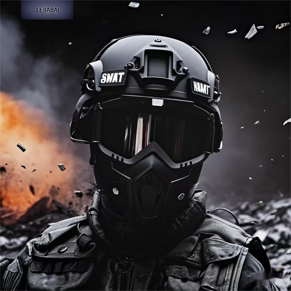 Airsoft Helmet and Full Face Mask,Detachable Airsoft Goggles,with Side Rail and NVG Bracket CS Game Paintball Tactical Airsoft Gear Black