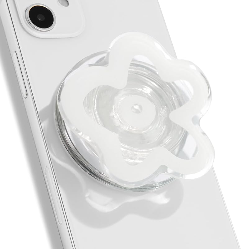 OnTheGrip Cute Transparent Daisy Flower Shape Design Mobile Phone Grip Compatible with Magsafe Multi Functional Collapsible Stand Holder for Smartphone Tablet Cell Phone Accessory (White)