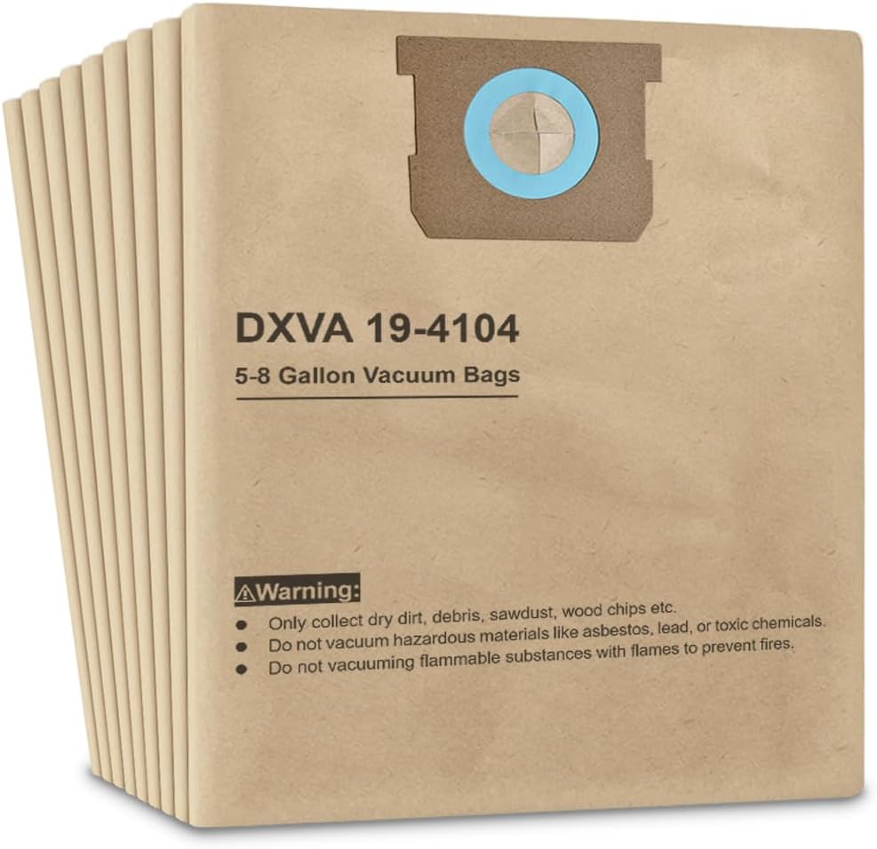 12 Pack DXVA19-4104 Vacuum Bags Compatible with DEWALT 5 to 8 Gallon Wet/Dry Vacuum For DXV05P, DXV06PL, DXV08S, Disposable Vacuum Filter Bags (12 Pack)