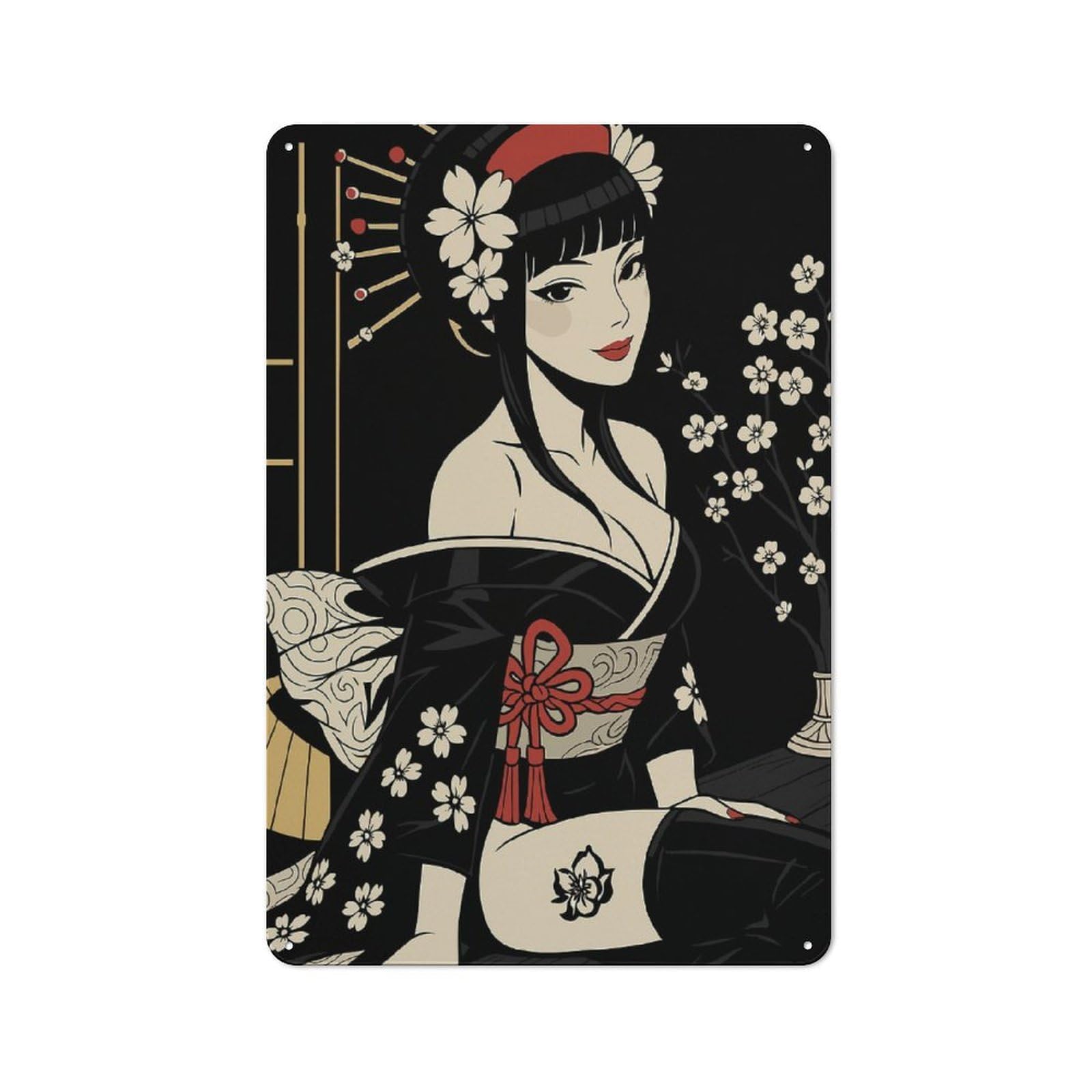 Junmoney Geisha With Cherry Blossoms Illustration Tin Wall Plaque 30X20cm With For Hallway Wall, Suited To Wall Displays In Hallways And Entrance Areas