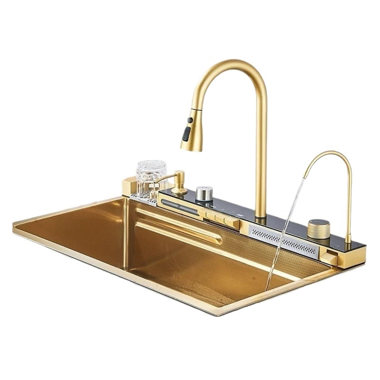 Juego De Grifería Con Pantalla Digital Integrada, Botón Ranura Única, Cocina Moderna, Estilo Cascada, Acero Inoxidable 304, Oro Pulido FáCil De Limpiar Y Mantener