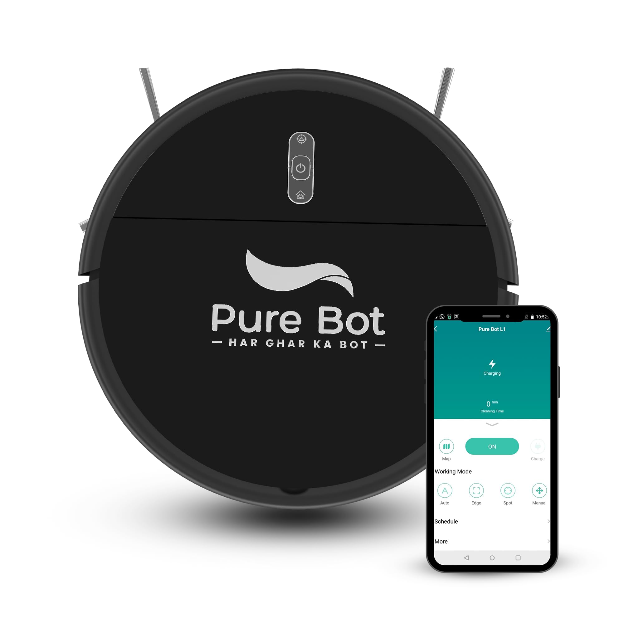 Pure Bot - L1 | 2-in-1 Automatic Robot Vacuum and Mop Cleaner | 3000 Pa Suction | 2600 mAh Self Charging Battery | Up to 130 Mins of Battery Life | Smart Navigation, App, Alexa & Google Enabled, Black-image-46