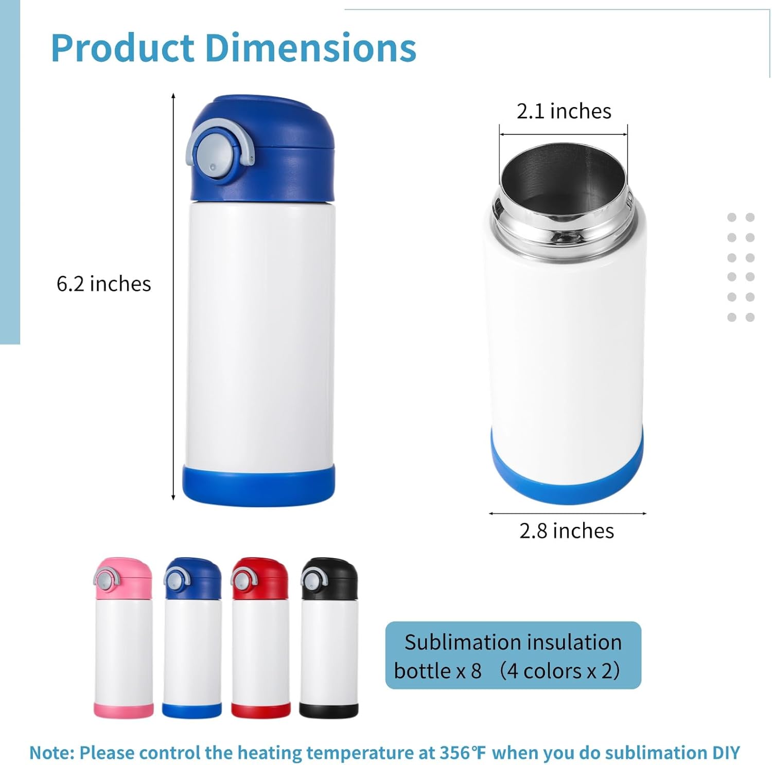 Homaisson 8 PCS Sublimation Water Bottles, Student Double-Layer Vacuum Insulated Bottles, Sublimation Bottles for DIY in 4 Colors, Lightweight 12 Oz Tumbler with Leak-Proof Lid and Handle - Image 4