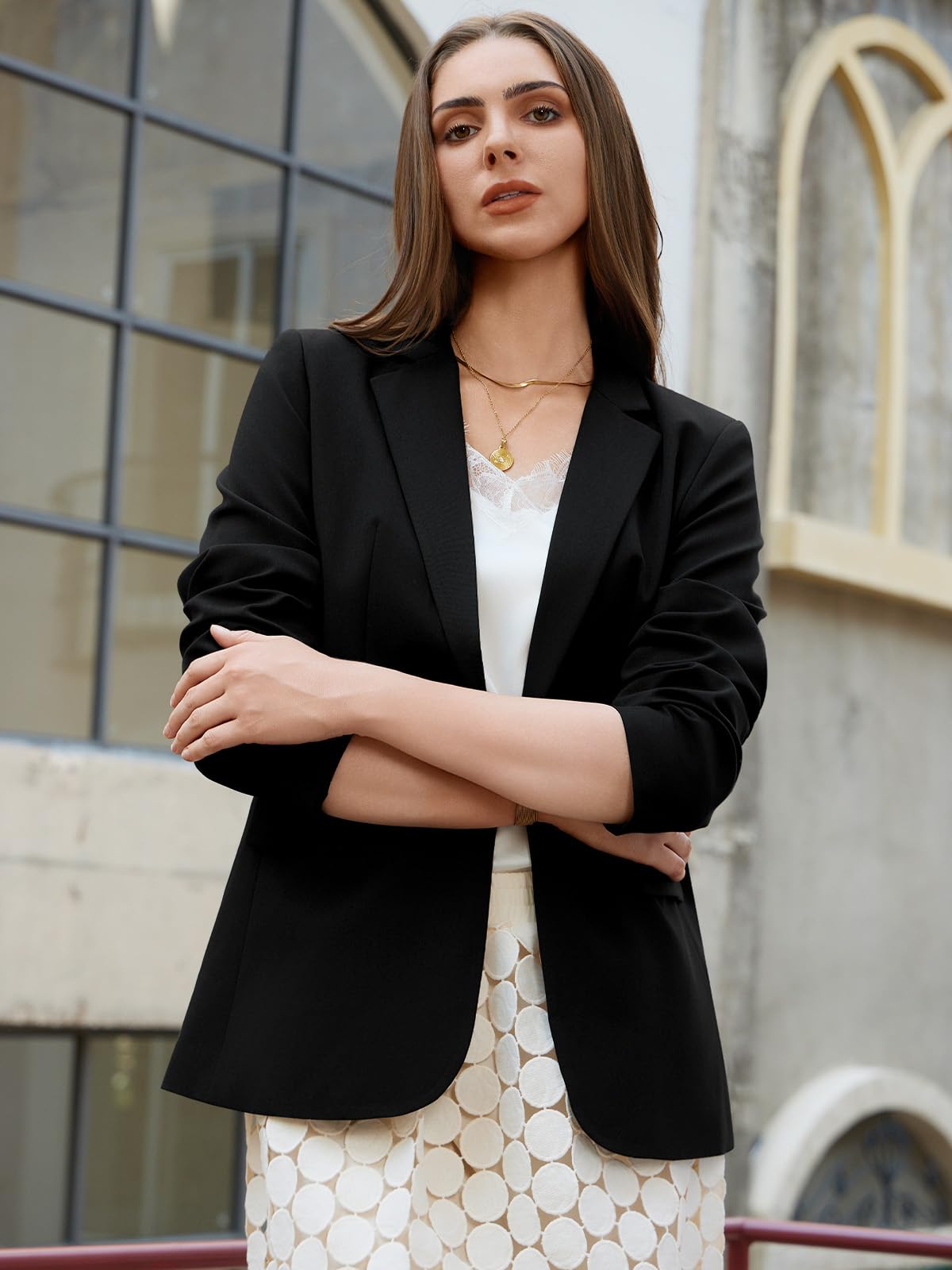 Blazer Femme élégant Business Casual Manches Longues Un Bouton Revers à Rabat Veste de Costume pour Bureau