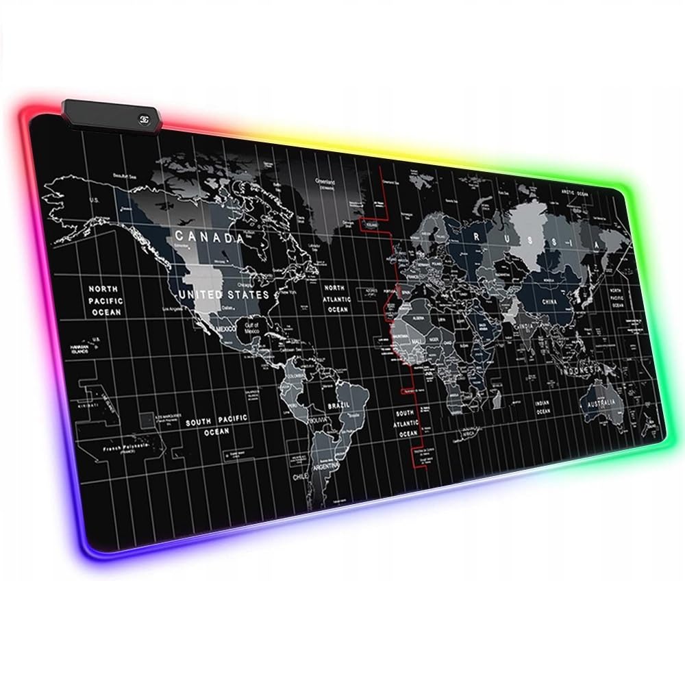 Alfombrilla de Ratón Gaming XXL Mapa Mundi - Iluminación LED - Antideslizante, impermeable y con 4 modos de iluminación - Complemento Ideal para su Ratón, Teclado, Portátil, Escritorio - 800X300 mm.