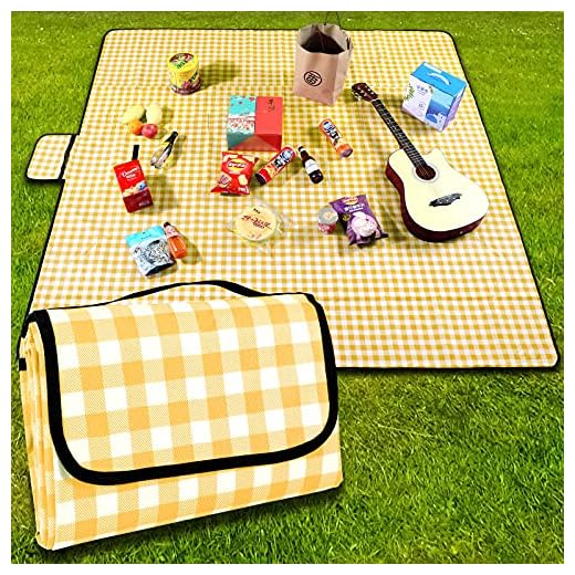 Manta Picnic Impermeable,200x200 cm,Manta de Playa,anta de Camping,con asa,Parte Inferior Impermeable,Lavable a máquina,Manta de Camping para Exteriores,Plegable,Suave y portátil(Rejilla Amarilla)