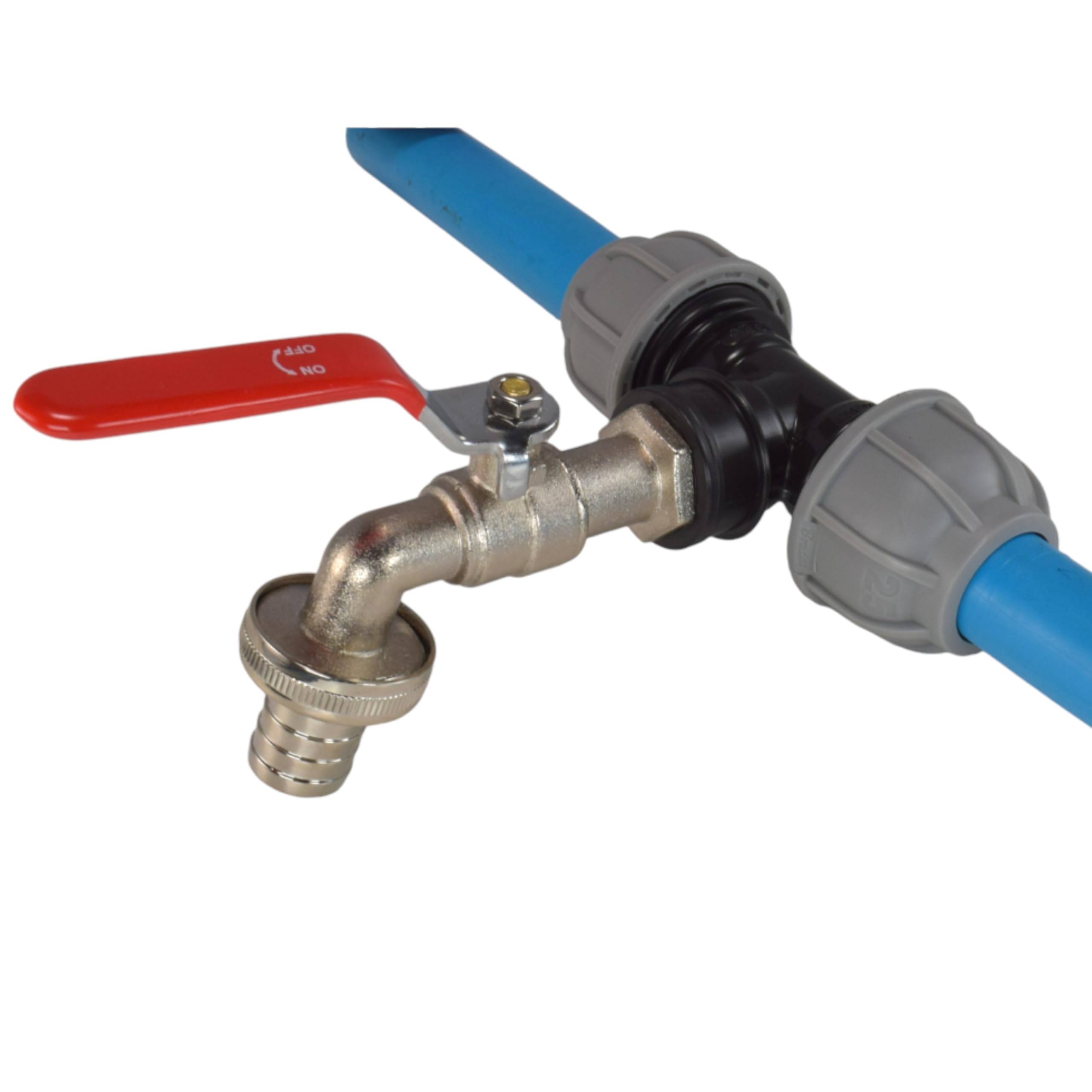 Mdpe Compression Tee with Easy Turn Lever tap Barb/Click Hose Outlet Options,fits 20mm,25mm and 32mm Water Pipe (32mm mdpe tee+Lever tap Barb)