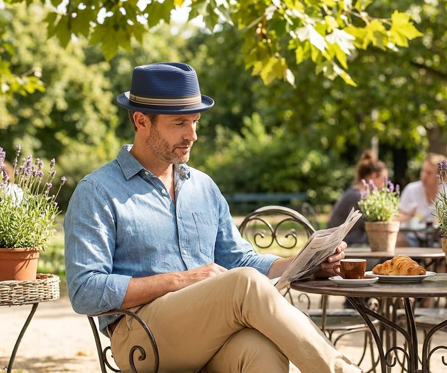 Image of Belfry Men /Women Summer Straw Pork Pie Trilby Fedora Hat in Blue, Tan, Black