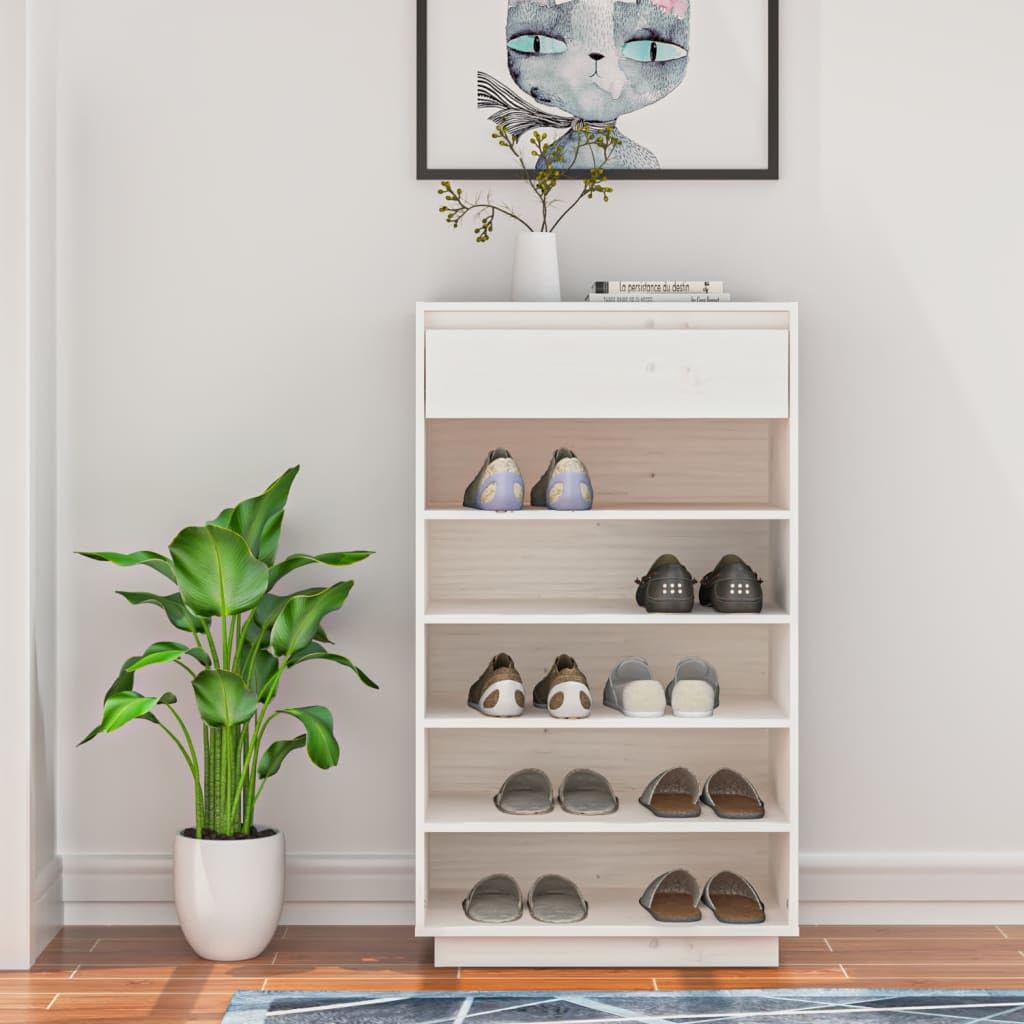 Regał na buty biały z litego drewna sosnowego, 60 x 34 x 105 cm, z miejscem do przechowywania i półką do korytarza, przedpokoju, systemu porządkowania mebli