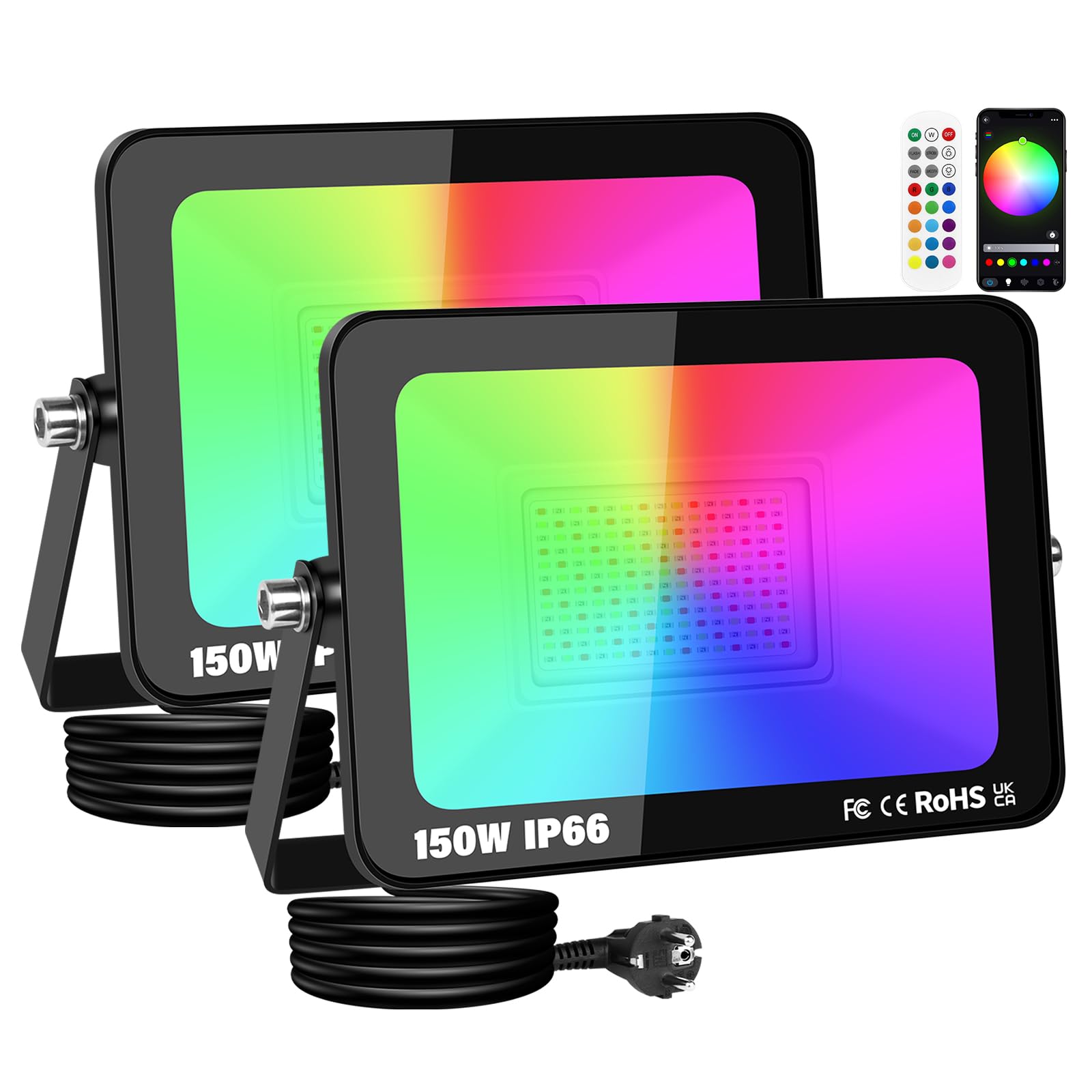RIGIDON 2 szt. reflektor RGB 150 W, Smart LED reflektor zewnętrzny, zmiana koloru, sterowanie aplikacją, ściemnianie, światło nastrojowe, wodoszczelne, do dekoracji drzew, krajobrazu, ogrodu,
