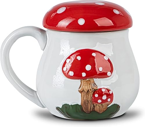 Taza de hongo con tapa, bonita taza de café de hongos, taza grande de cerámica para mujeres, taza de té de hongos, regalo divertido