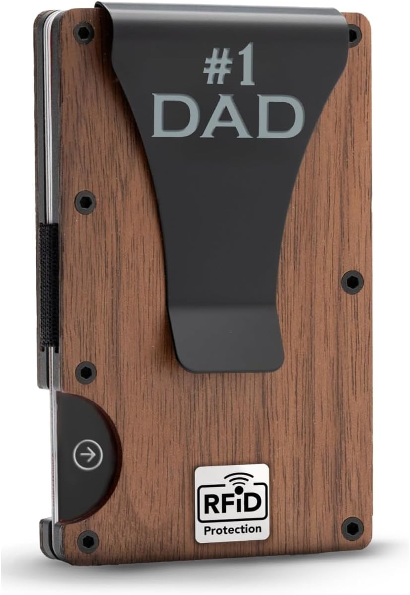 GIFTS TO ENGRAVE Personalized Wallet for Dad Minimalist - Slim RFID Blocking Card Holder, Fathers Day Gift, Anti-Theft Wood Wallet, Money Clip, Best Wallet for Men
