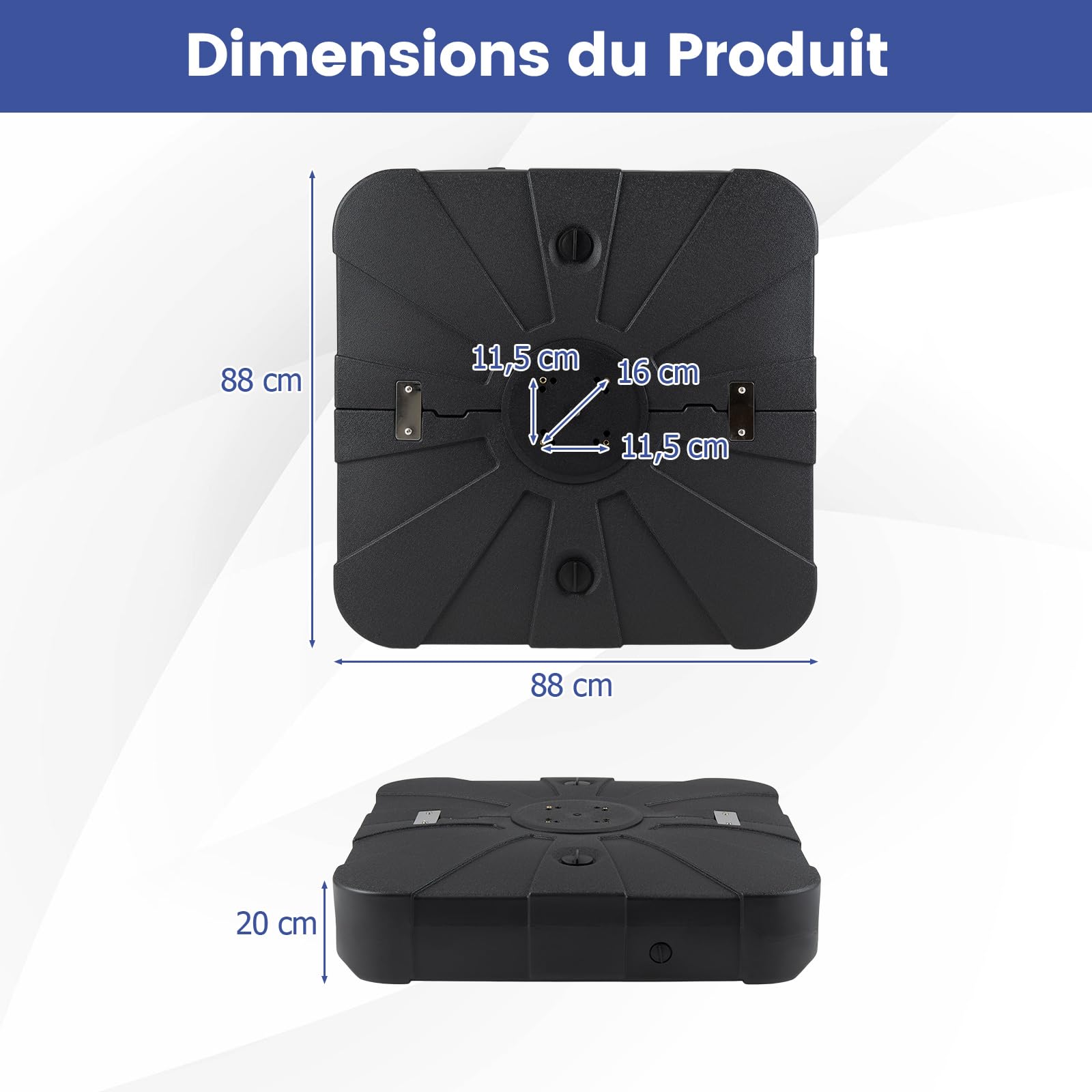 COSTWAY Pied de Parasol Déporté s 4 roulettes en HDPE, 88 x 88 x 20 cm