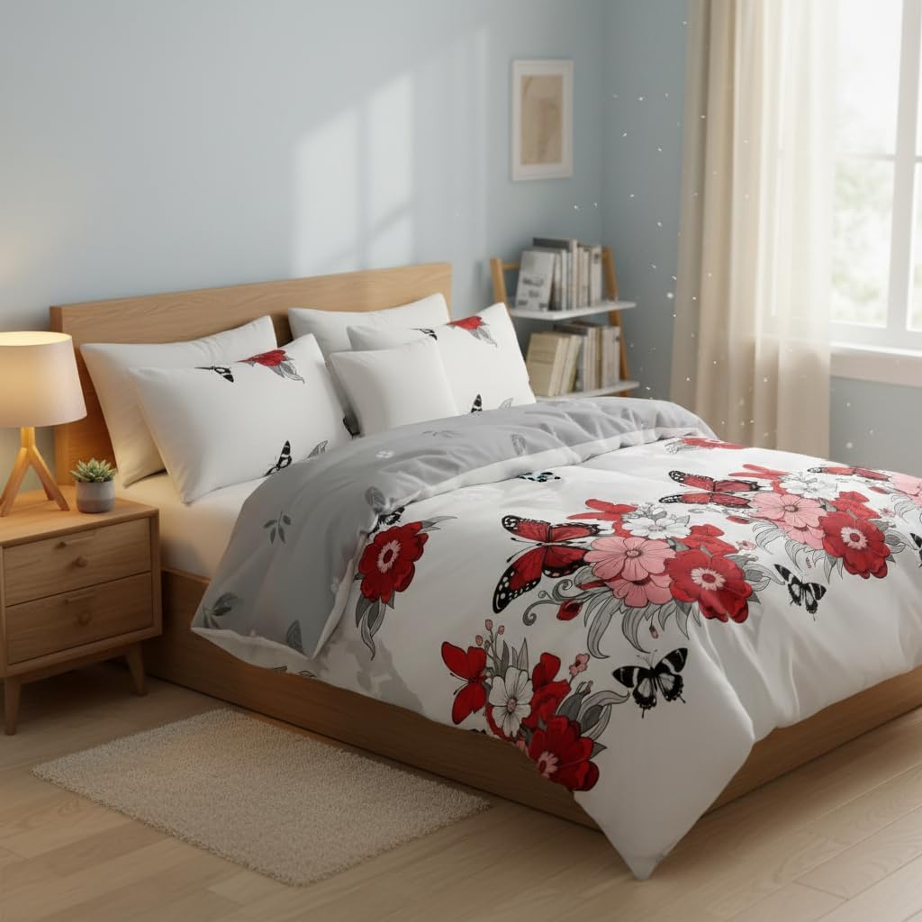 CozyCreatures Duvet Cover Queen Size Red 4-Piece Queen Duvet Cover Vintage Bohe Floral Red Butterflies Bedding Set Comforter Cover with Zipper Closure 4 Corner Ties 1 Fitted Sheet 2 Pillowcases