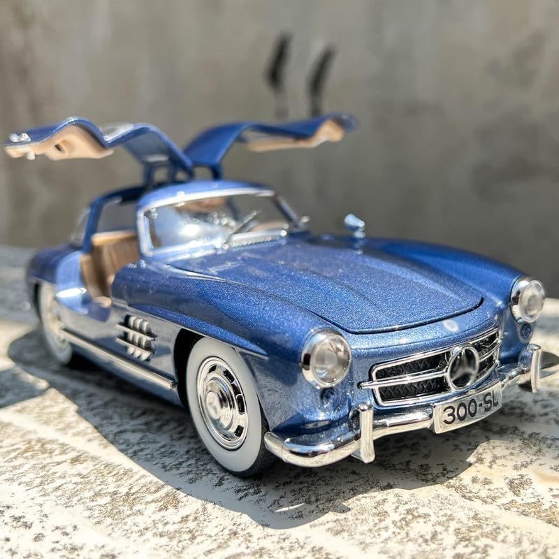 Image of Kids Model 1:24 Vintage 300 SL Classic Die Cast Metal Car Pull Back Action Opening Doors with Realistic Engine Sound Lights Toy Car Gift for Boys - Blue