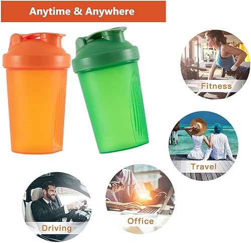 Miniatura 4 de ANNAKIKI Shaker Bottle - Batido de proteínas y botella agitadora de 13.5 onzas / 13.5 fl oz con bolas batidoras, plástico sin BPA (naranja + verde