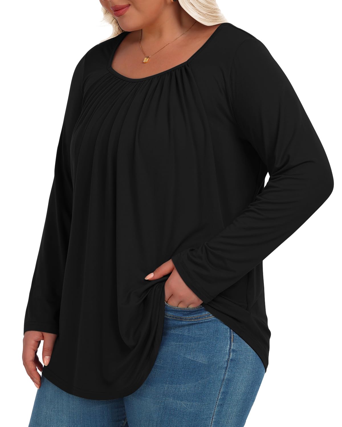 Women Plus Size Tops Tunic Long Sleeve Shirts Fall Casual Loose Fit Pleated Blouses 1X-5X