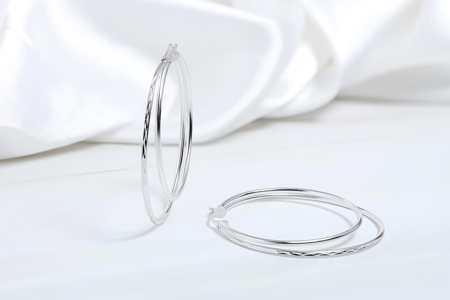 Hoops&Loops 925 Sterling Silver Diamond-cut Double Row Large 48mm Round Hoop Earrings for Women, Silver, Yellow & Rose Gold Flashed Sterling Silver - Image 5