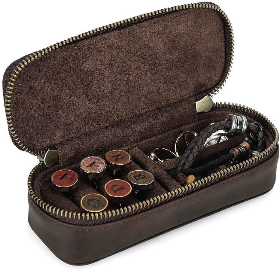 Hiram Genuine Leather Jewelry Box Case, Crazy Horse Cowhide Leather Travel Jewelry Box Case, Double Metal Zippers Travelling Box for Rings,Cufflinks and Jewelry