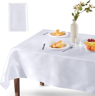 Homiest 1 Pack 60 x 84 Inches Satin Tablecloth White Table Cover, Bright Overlay Table Cloth Silky Rectangle Table Decorations, Satin Dining Table Cloths for Wedding Reception Graduation Banquet