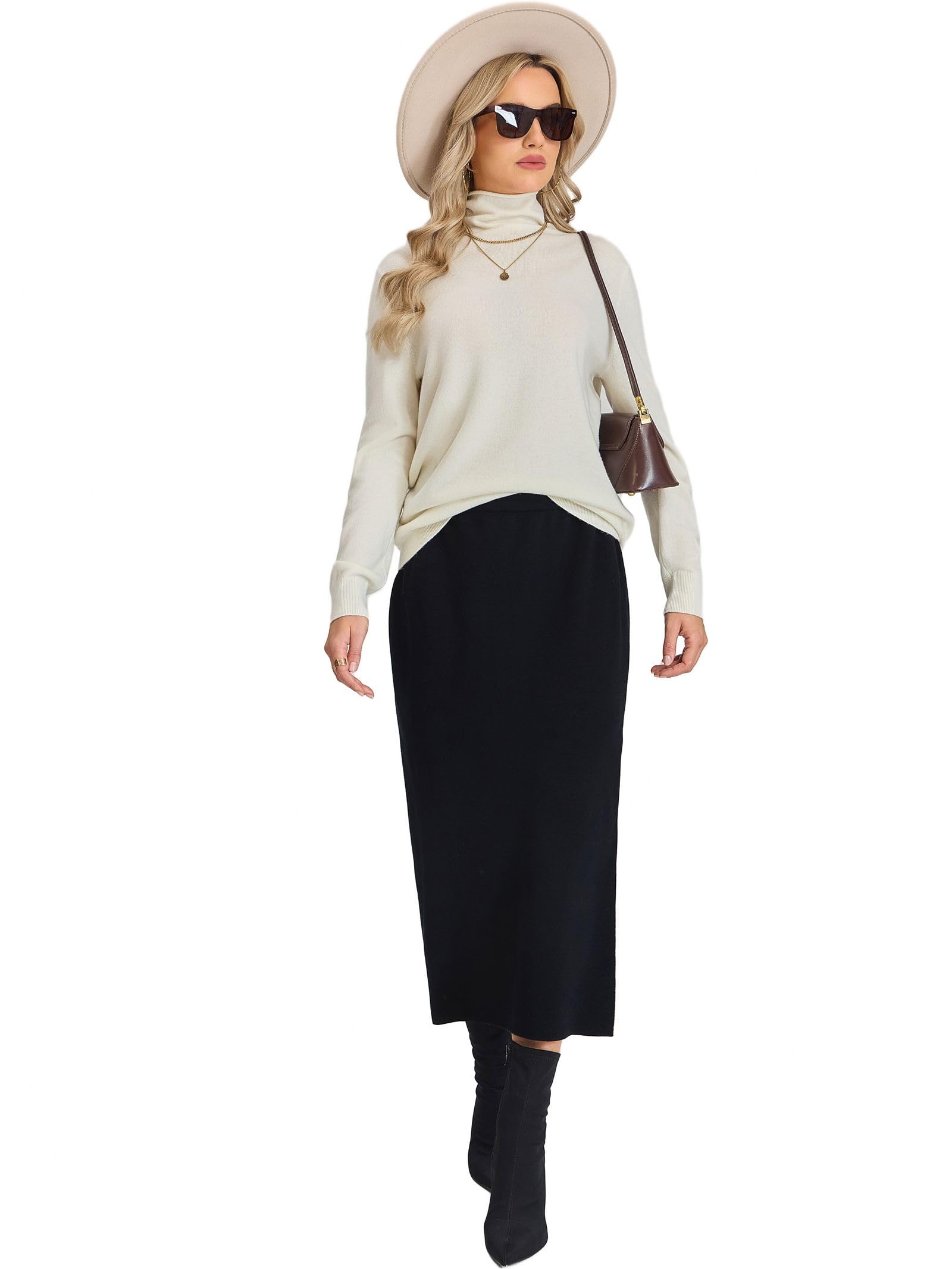 Gonna a Maglia Donna in 100% Lana Merino Lavabile in Lavatrice - Vita Alta Midi con Spacco Laterale Taglio Matita ed Elastico