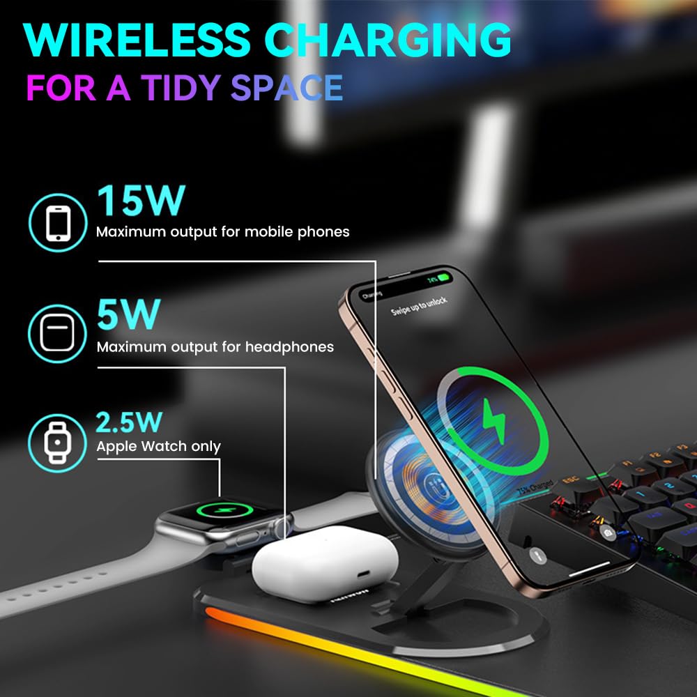 HomeBeyond Tappetino per mouse da gioco RGB, tappetino per mouse con ricarica wireless per cellulari, auricolari e Apple Watch, 15 modalità di illuminazione dinamica, grande tastiera da 31,5 x 11,8 cm