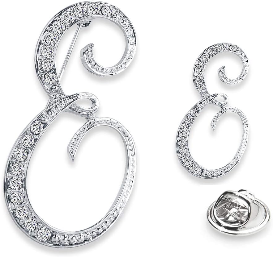 A-Z Woman’s Letter Initial Brooch Pins, Silver Clear Crystal Rhinestone Breastpins Letter Stocking Pins 2size/package