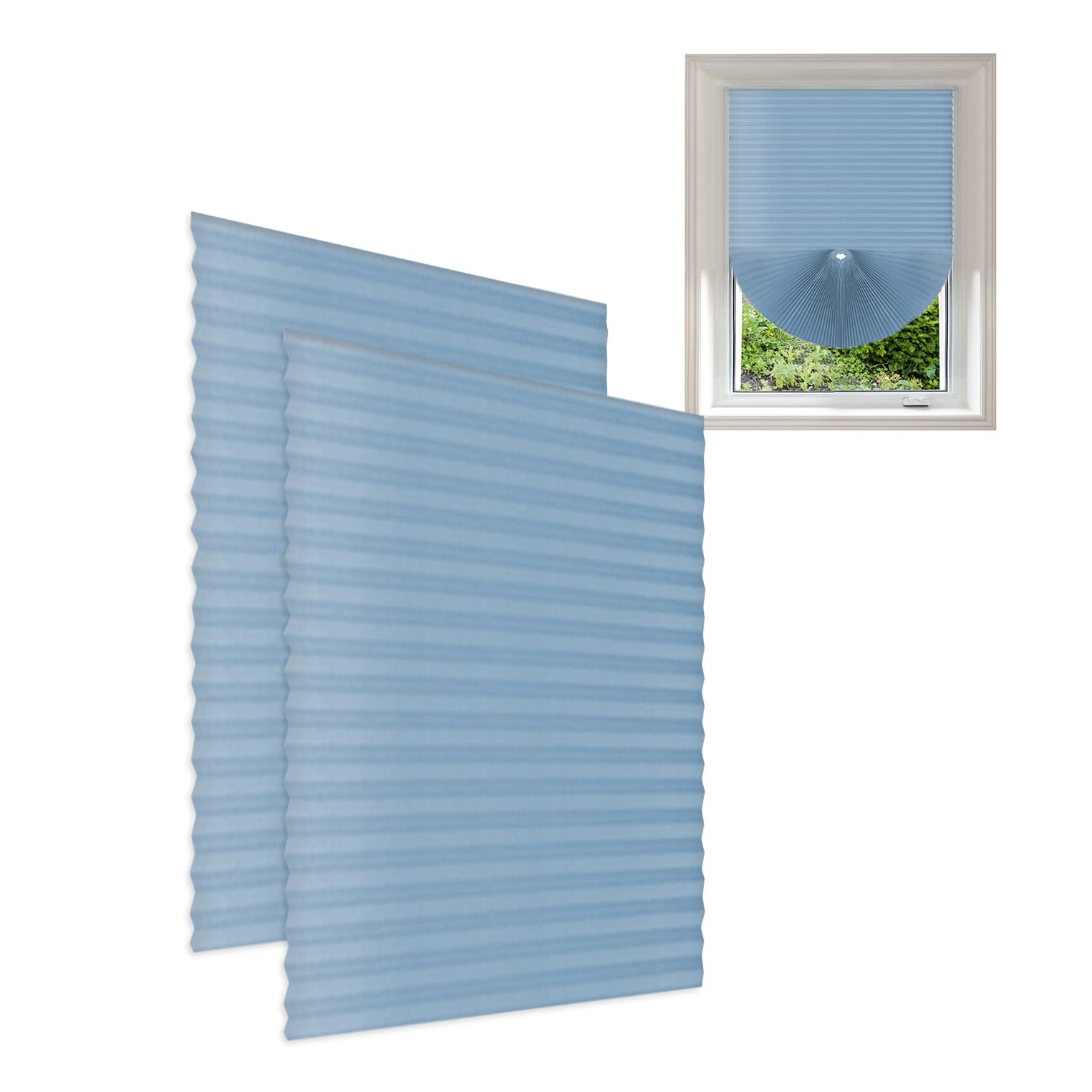 Lot de 2 stores occultants temporaires plissés à coller instantanément, filtrant la lumière, protection de la vie privée avec 4 clips pour salle de bain, salle de bain, bureau, stores plissés sans pe