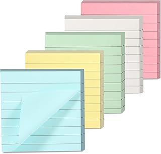 5 Pack Lined Sticky Notes 3 x 3 Inch Self Sticky Notes Pads Memo Pads for Office School Home, Blue Yellow White Pink Green, 80 Sheets/Pad